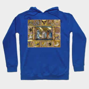 MEDIEVAL BESTIARY,LION KING WITH ANIMALS IN GOLD RED BLUE COLORS Hoodie